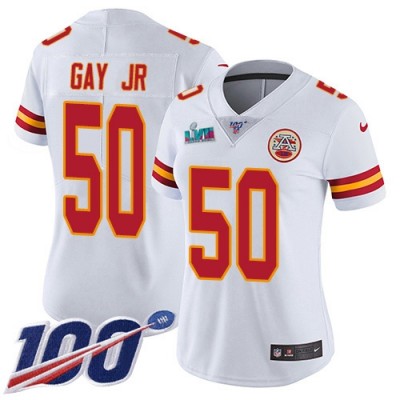 Nike Kansas City Chiefs #50 Willie Gay Jr. White Super Bowl LVII Patch Women's Stitched NFL 100th Season Vapor Limited Jersey